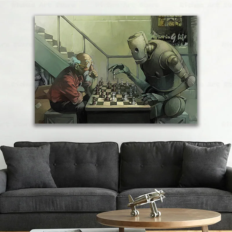 

Futuristic robot friend chess board old people mood artwork posters on the wall picture home living room decoration
