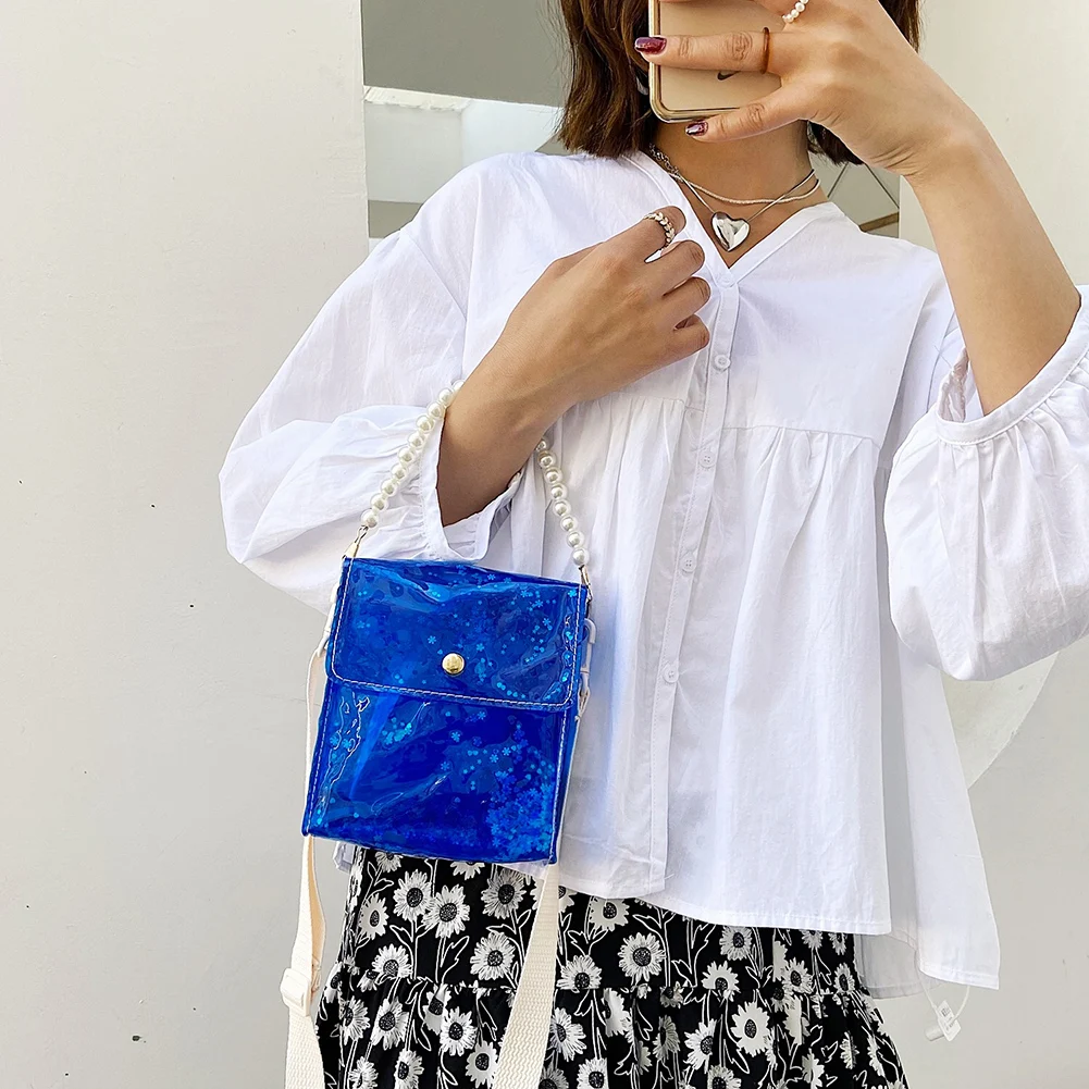 

Fashion Transparent Shoulder Messenger Bag Women Pearl Chain Flap Handbag Purse All-match Fashion High Street Shopping Bag