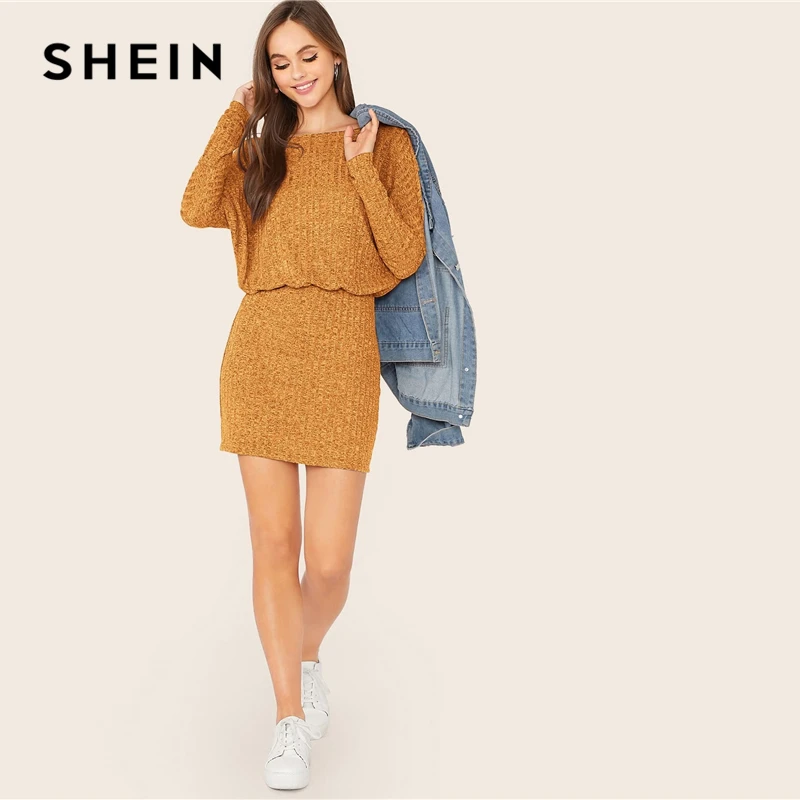 SHEIN Бордовое платье с рукавом летучая мышь, вязанное в рубчик, женское осеннее платье с вырезом лодочкой и длинным рукавом, Дамское приталенное элегантное мини-платье