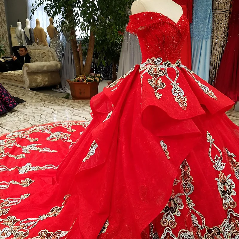 LS60411 vitage off shoulder sweetheart floor length lace up back crystal ball gown prom dress red puffy evening wholesale | Свадьбы и