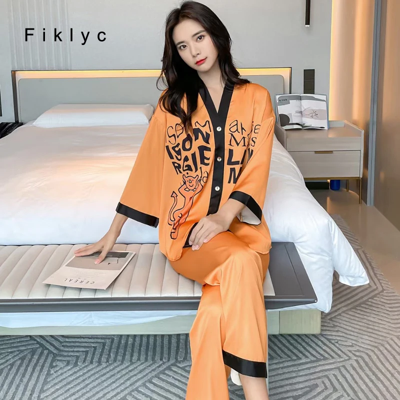 

Осенне-зимние новые атласные брюки Fiklyc из вискозы с V-образным вырезом и длинными рукавами, домашние женские милые простые крутые ночные пиж...