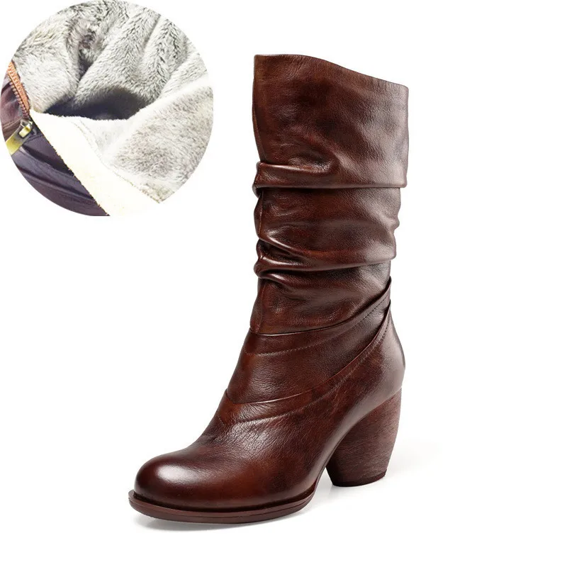 Женские зимние сапоги до середины икры обувь ручной работы из натуральной кожи