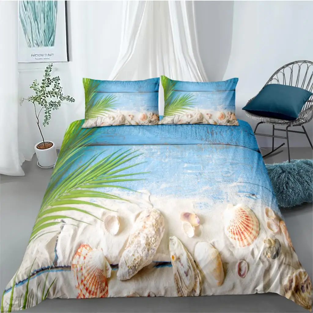 

3D Summer Holiday Ocean Beach Bedding Set Girls Boys Seashell Starfish Sand Beach Microfiber Duvet Cover Set +Pillowcase 2/3Pcs