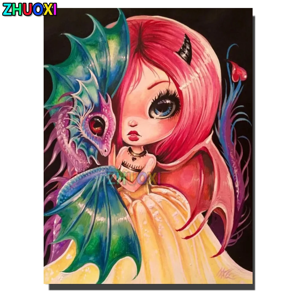

Full Square Round Diamond Painting Cartoon Big Eyes Girl And Dragon Diamond Embroidery Rhinestone Picture New Year's Gift