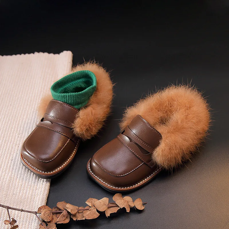 Детские лоферы с квадратным носком кроличьи волосы детская обувь кожаные туфли