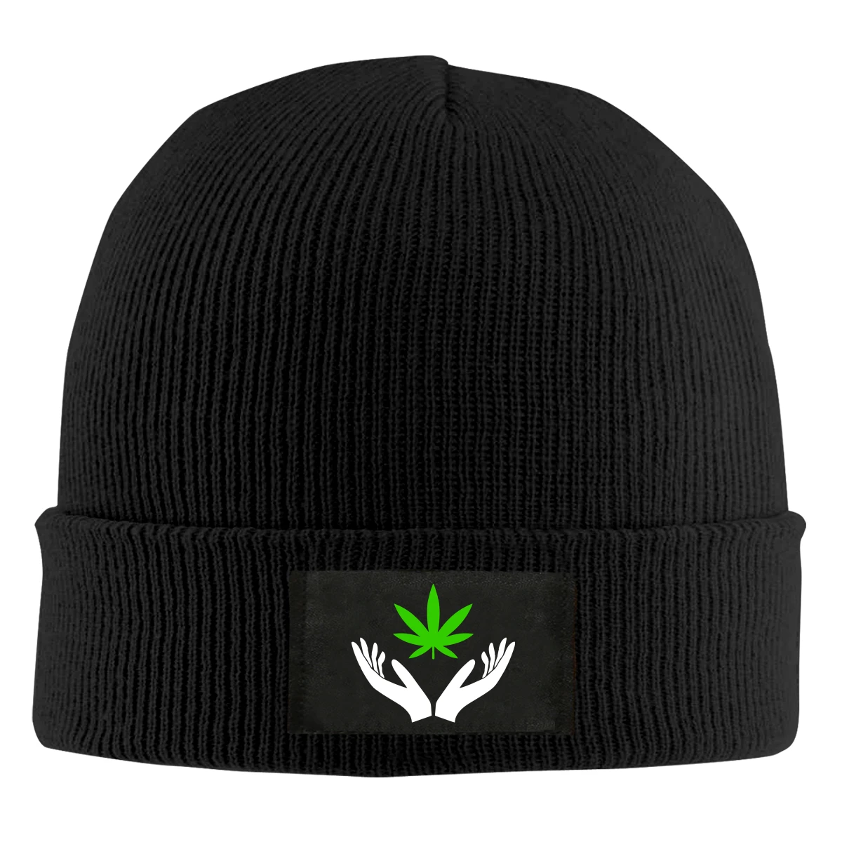 Weed Hands Holding Leaf Black Beanie Men's Women's Winter Warm Ski Skull Cap Knitted hat | Аксессуары для одежды