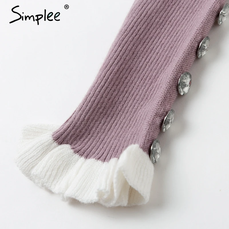 Женский вязаный свитер в полоску с оборками и Расклешенным рукавом на пуговице