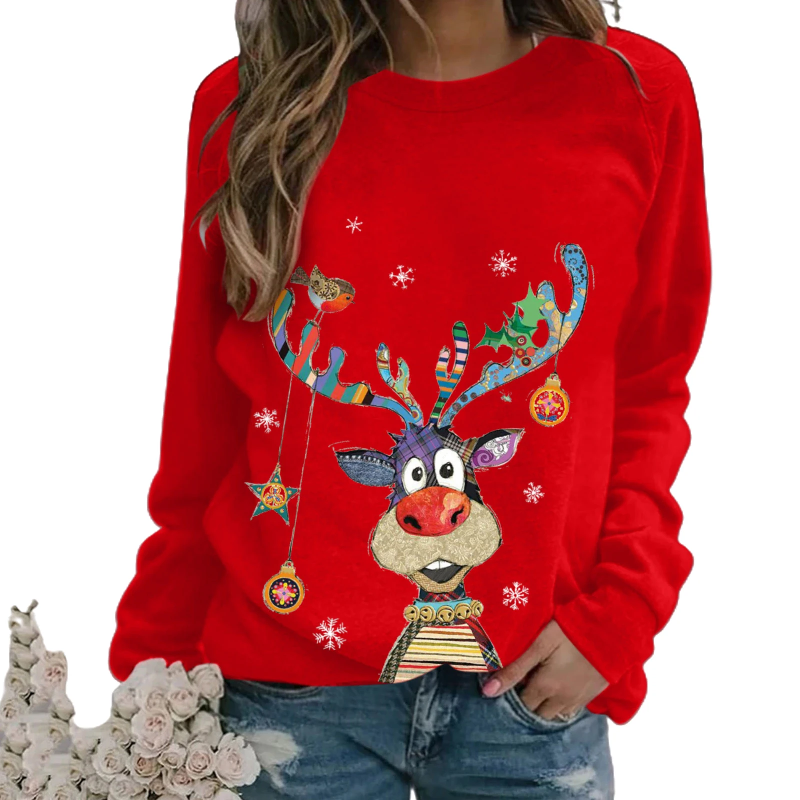 Women Christmas O Neck Print Style Pullover Thick Fashion Primer Tops Long Sleeve Multicolor Elk Print T-shirt Autumn Blouse