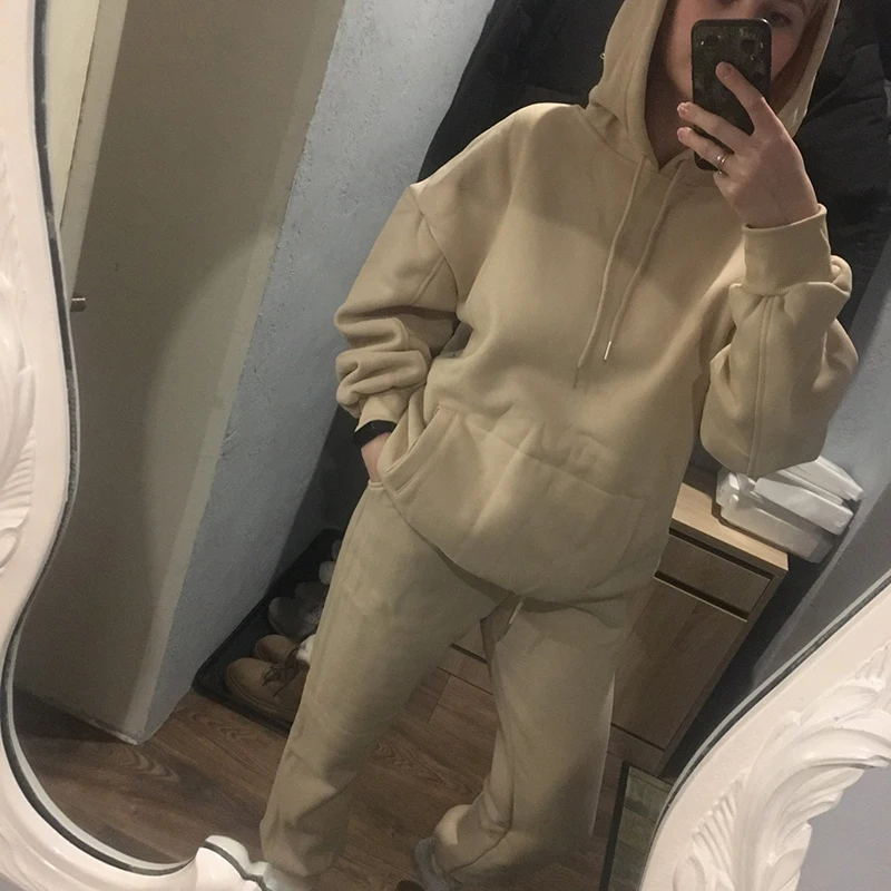 Women Hoodies Winter Tracksuit Thick Fleece Long Sleeve Sweatshirt Pants Warm Sport Suit Two Piece Integrated Training Clothing