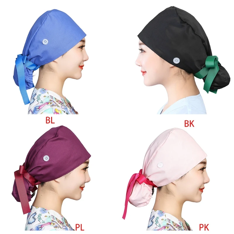 

Womens Working Scrub Cap with Buttons Ponytail Holder Sweatband Adjustable Ribbon Tie Solid Color Bouffant Turban Hat