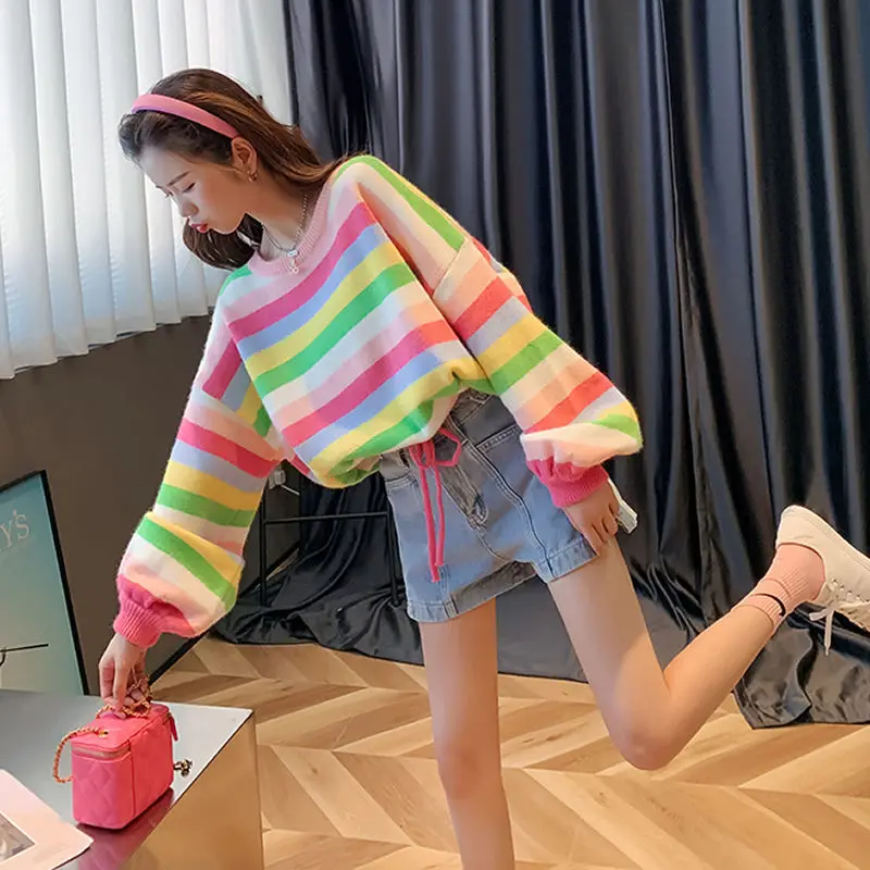 Разноцветные Женские свитера в радужную полоску ретро свитер Топ джемпер