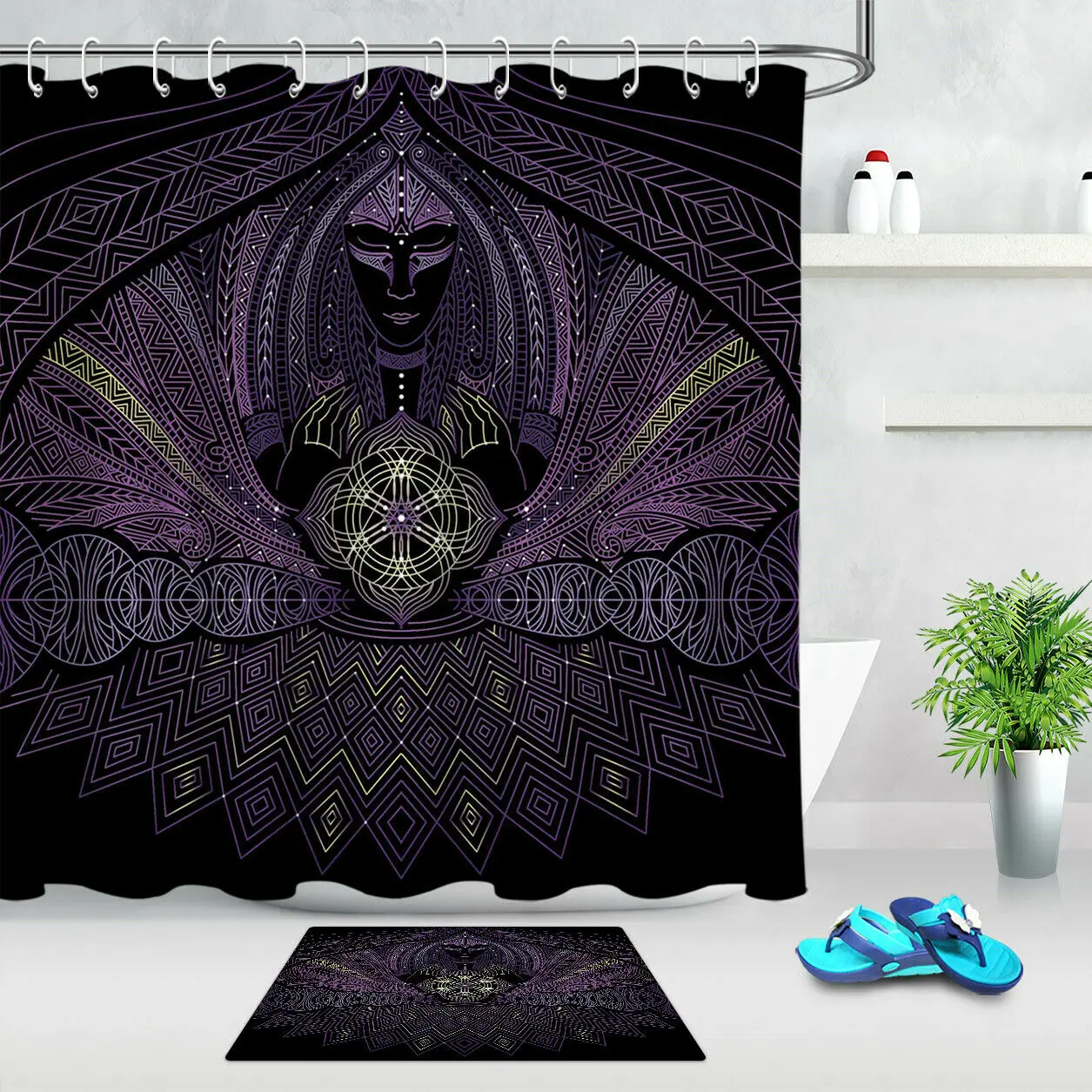 

Dark Witch Mandala Totem Polyester Fabric Shower Curtain Set Bathroom Hooks