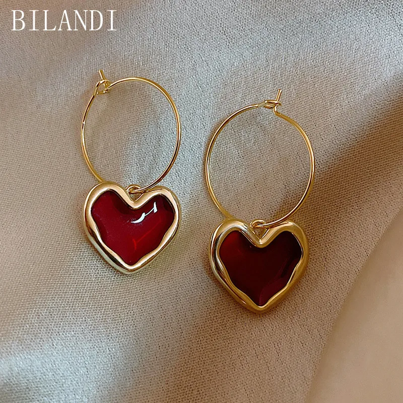 

Bilandi Delicate Jewelry Red Heart Earrings Popular Design Sweet Korean Temperament Round Circle Earrings Women Lady Party Gifts