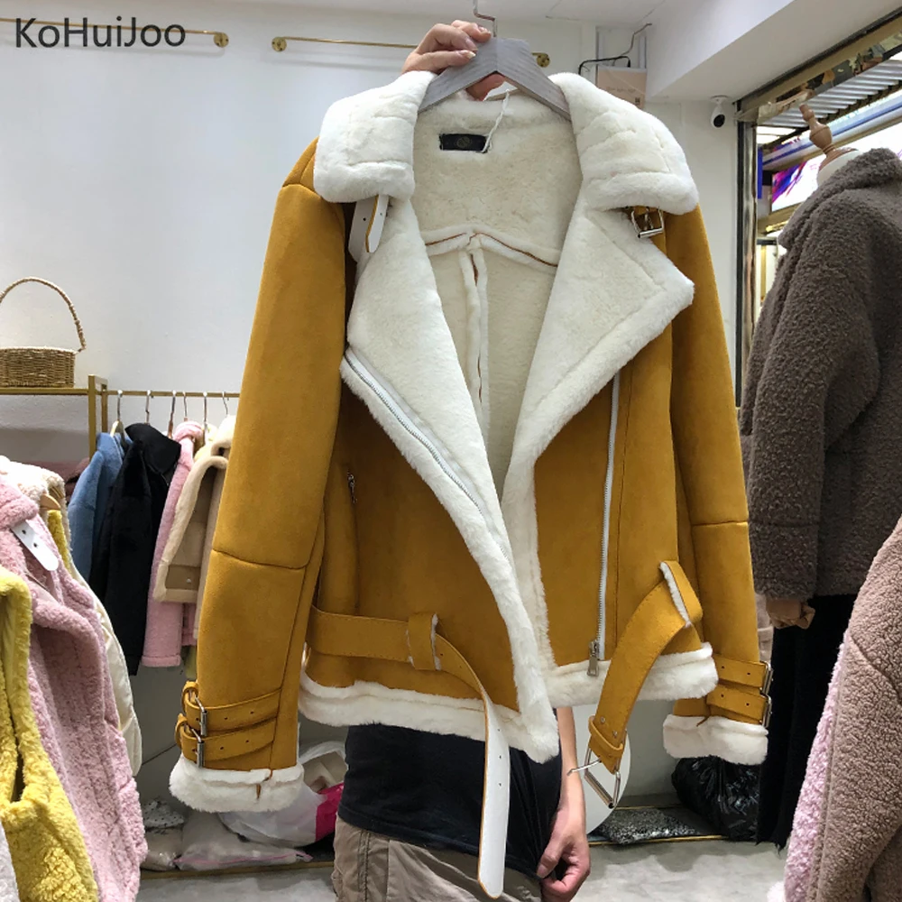 Kohuijoo Женские зимние кожаные куртки с поясом, модное пальто из овечьей шерсти и замши, женские уличные мотоциклетные теплые куртки