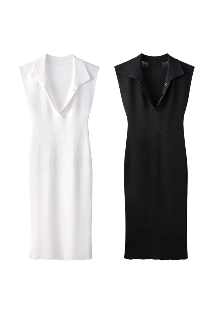 

DEAT 2021 Summer Turn-down Collar Sleeveless High Waist Slim Knitting Think Pullover Long Dress Female Vestido WS06601L