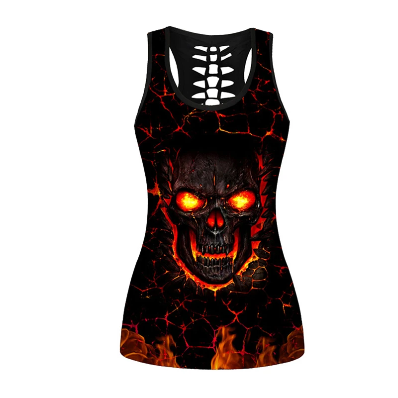 Summer Women Sport Vest Fire Skull 3D Print Sleeveless Shirt Quick Dry Gym Running Fitness Tank Tops Oversized Undershirt Female