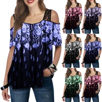 summer sexy strap women hole ruffles printed tops tee plus size femme off shoulder lace boho casual short sleeve loose t shirts