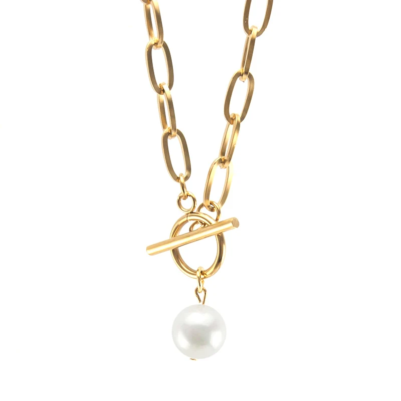 

Natural Shell Pearl Necklace For Women OT buckle Chunky Chain Necklace Stainless Steel Heavy Duty Chain Choker Collier Collar
