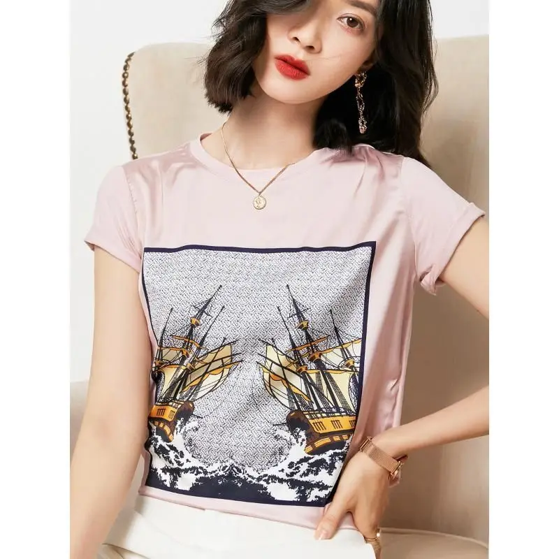 

Women's wear 2021 new silk short sleeve T-shirt women's print base shirt loose and versatile top
