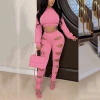 hooded sweatshirts pants 2 pieces sets for women solid hollow out bodycon sexy evening night club outfits matching sets clothes