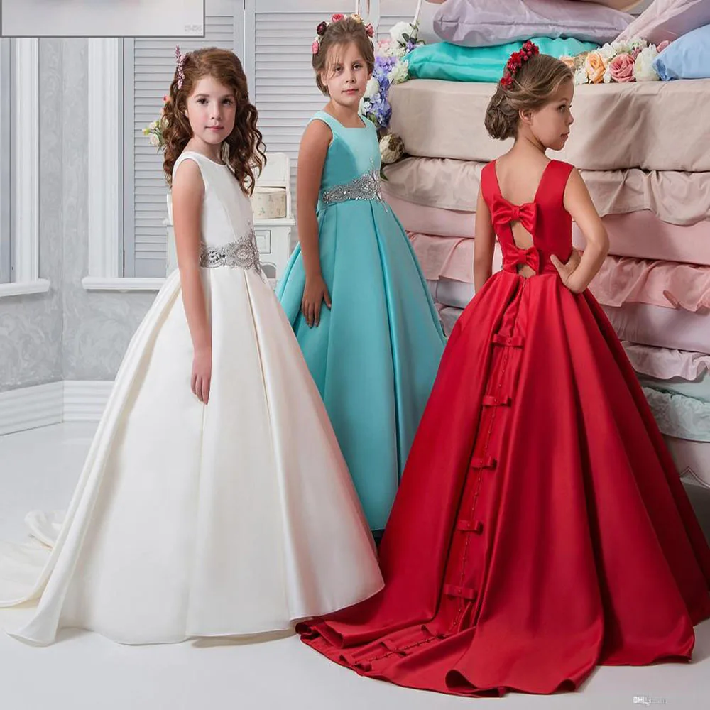 

2-14 Years Old Satin Flower Girls Dresses Ball Gown Square Girls Pageant Gowns Backless Floor-Length First Communion Wear