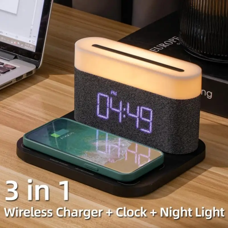 

3in1 Smart Alarm Clock Wireless Phone Charger Adjustable Eye Protection Light USB Charging Desk Lamp Phone Rack Home Supplies