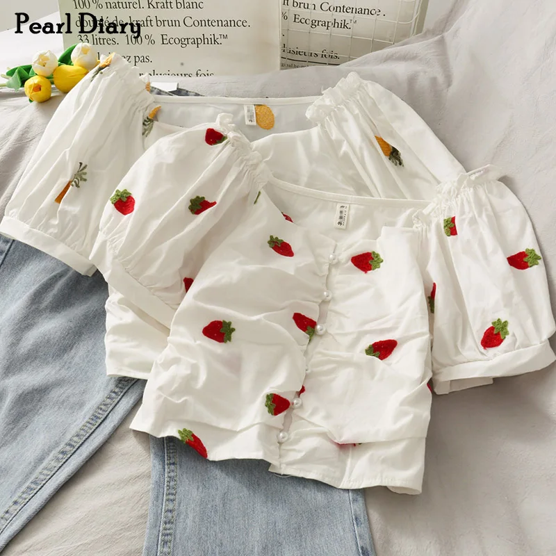 Женская блузка с вышивкой в виде фруктов Pearl Diary белый укороченный топ пышными