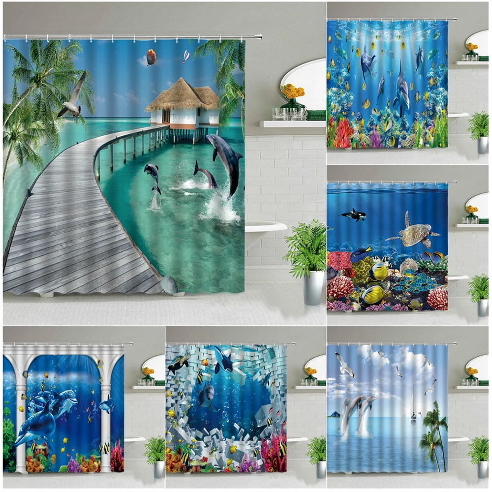 

Ocean Landscape Dolphin Shower Curtains Tropical Fish Animal Waterproof Bath Curtain Set Sea Scenery Bathroom Decor With Hooks