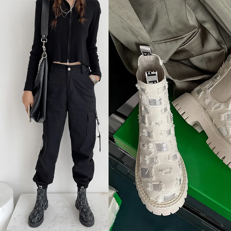 

MKKHOU Fashion Short Boots Women New Simple Denim Old Patches Comfortable Platform Boots Lady All-Match Street Martin Boots