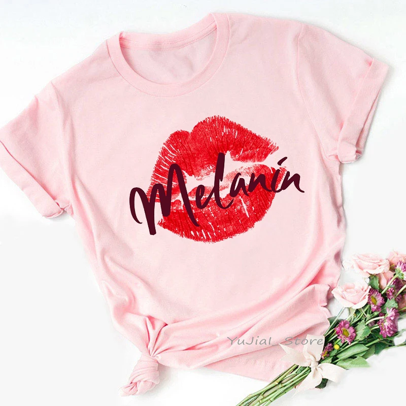 

Newest Melanin Red Lips Tshirts Women Black Girl Magic T Shirt Femme Harajuku Kawaii Clothing Summer Tops Female T-Shirt Women