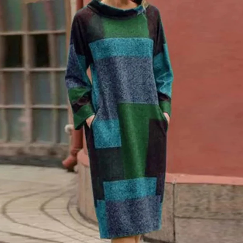 

Vintage Colorful Dress Female O-neck Full-sleeve Winter Dresses Stitching Casual Fashion Skirts Pocket Design Ladies New Dress