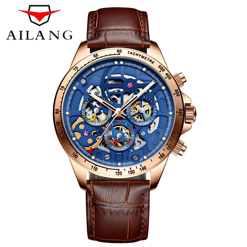 AILANG Men's Business Waterproof Luminous Automatic Mechanical Calendar Week Pointer 60 Sencond Hand Leather Watches 8827A enlarge
