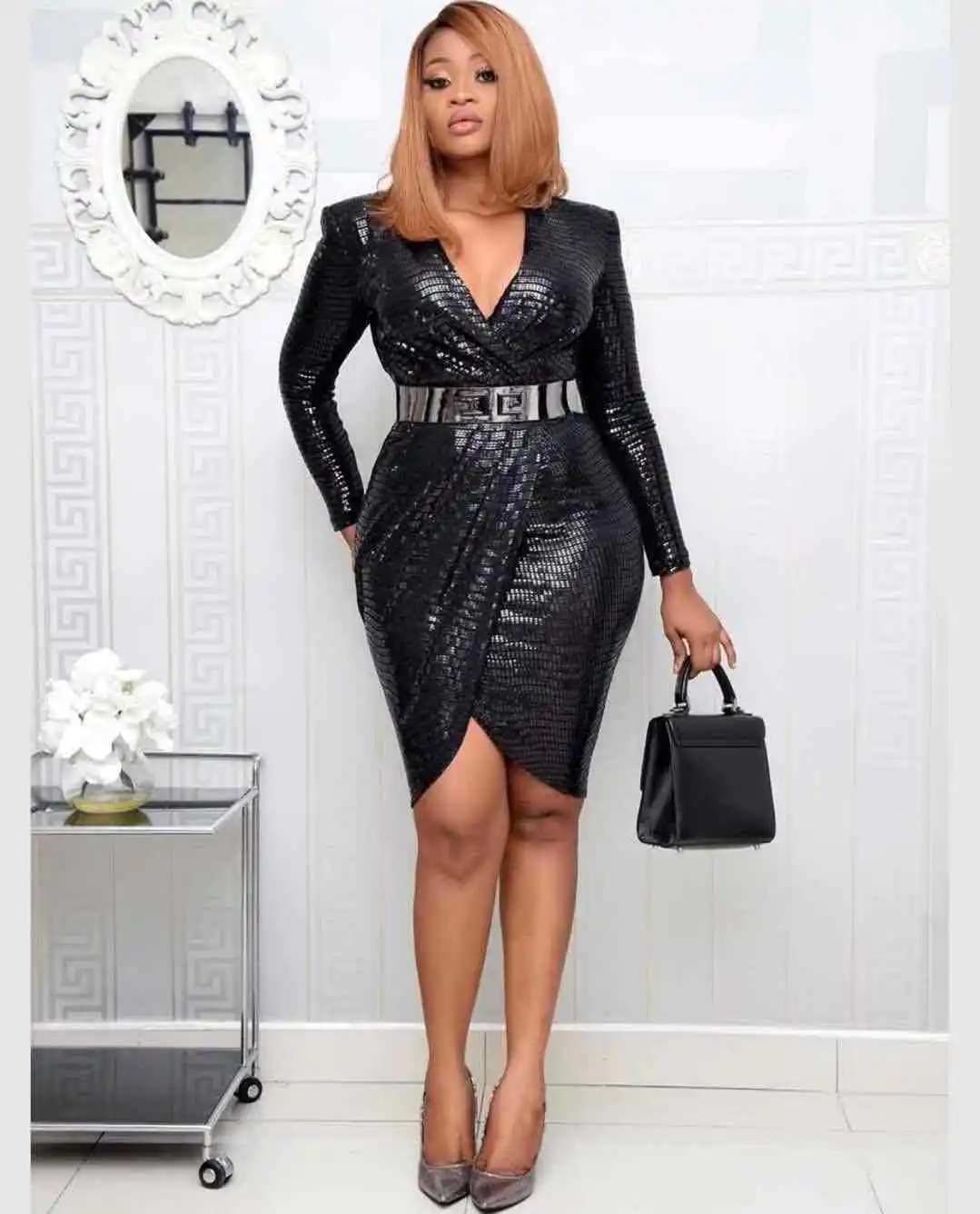 2020 Spring Autumn Sequins Black Long Sleeve Women's Clothing Bazin Riche Ankara Africa Office Dress Fashion Robe Dresses | Женская