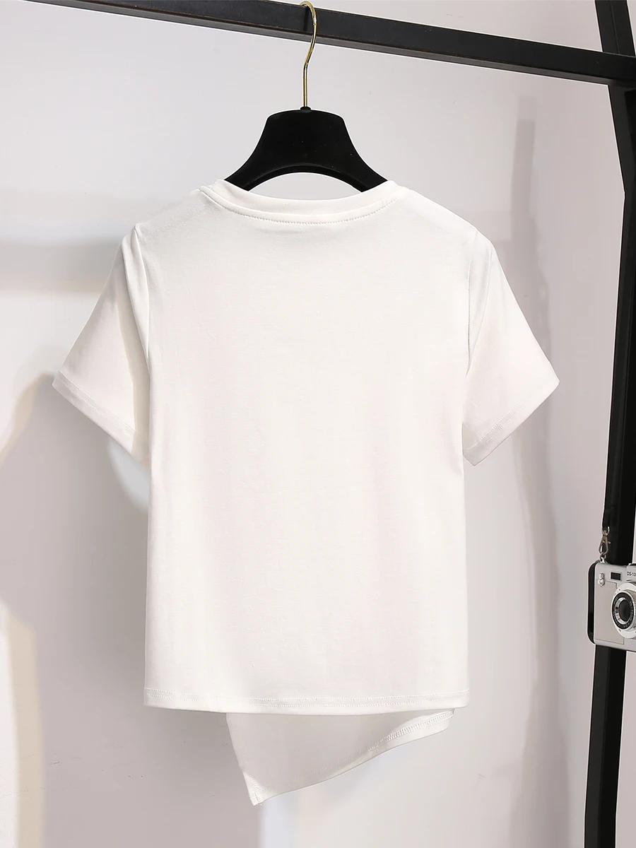 

White Irregular Oversized T Shirt Women's Short Sleeve Round Neck Casaul Top 2021 Summer Lady Slimming Knotted White T Shirt