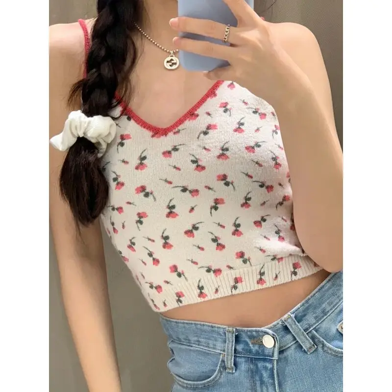 

QWEEK Korean Sleep Tops Girls Women Summer 2021 Sleepwear Rose Print Home Wear Sweet Pyjamas Femme Soft Pijamas Short Camisole