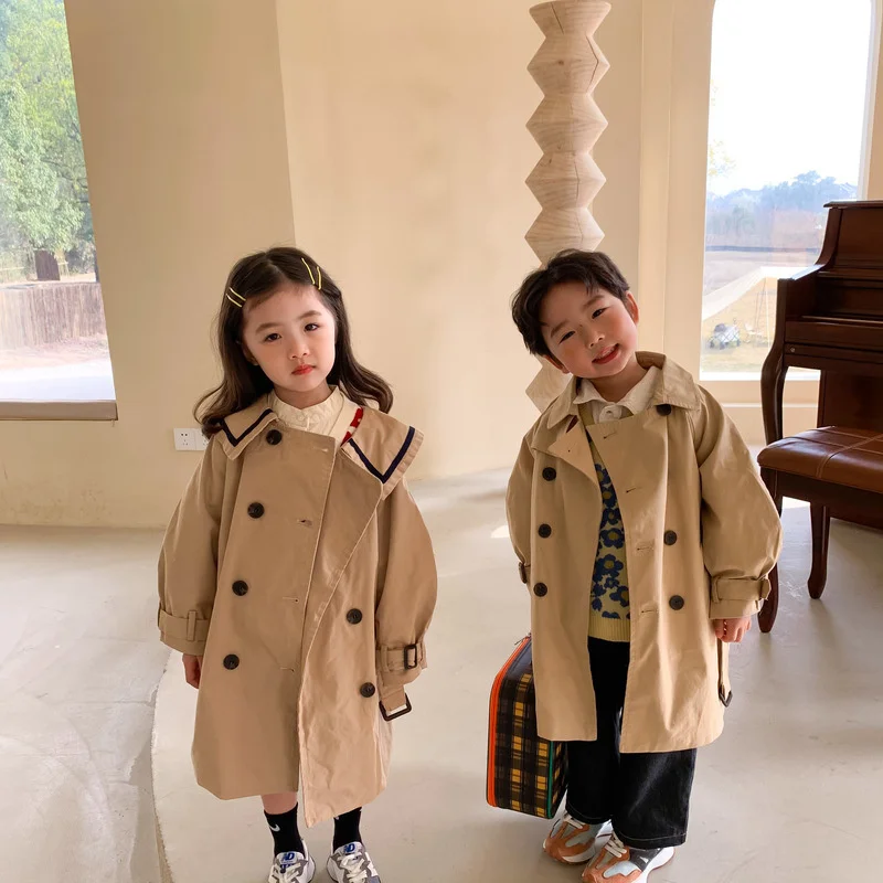 

Korean style Spring children solid color fashion long trench jackets brother and sister coats 2021 kids outwears