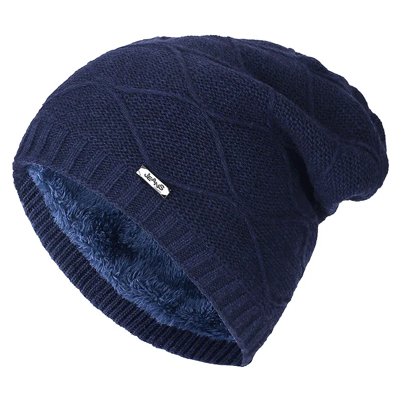 Navy Blue Новое высокое качество зимняя шапка Для мужская и женская добавить меховой подкладке полоса дизайн модная Теплая Лыжная шапка мужская шерсть и хлопок свободная вязаная шапки - Цвет: Navy Blue