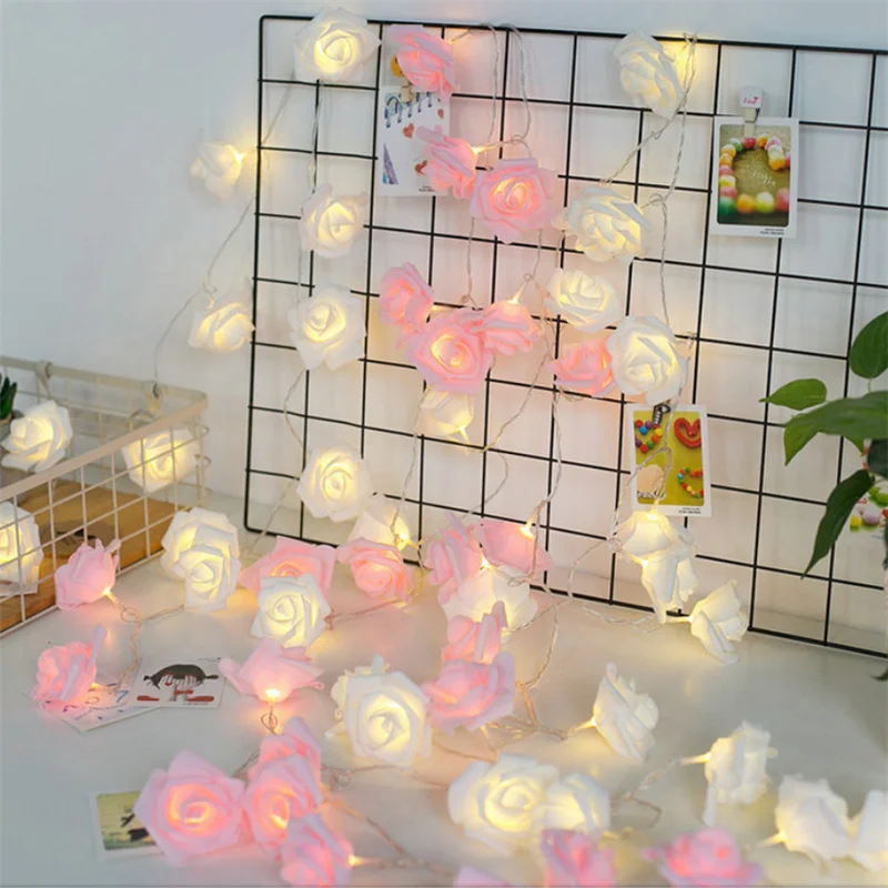 

7.5M 50LED String Lights White Pink Foam Rose Flower Garland Fairy Lights For Valentine's Day Wedding Garden Home Decor lantern