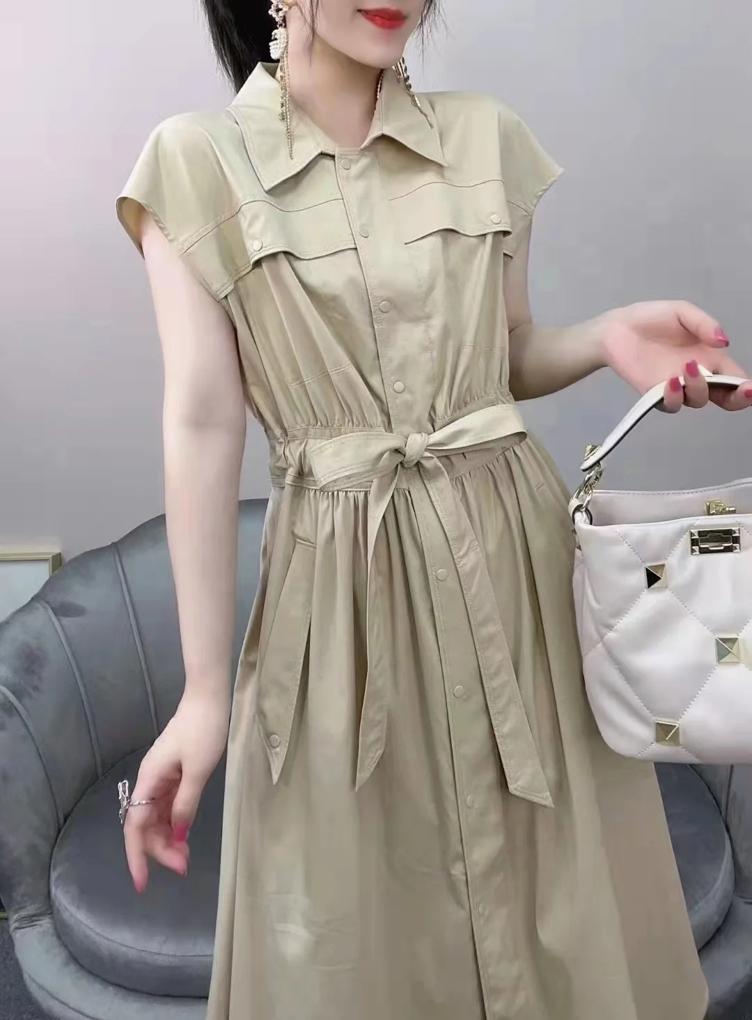 

Beige Dress; Lapel, Single-Breasted Fashion Workwear Style, Twill Cotton S-XL
