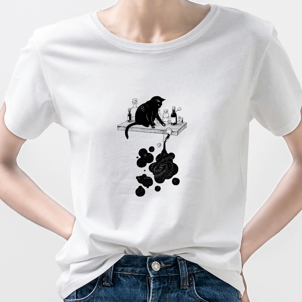 

Black Cat and Ink Tshirt Women Funny Shadow cat Printed White Tops Tees Shirt Womans Soft Girl Aesthetic Clothes O-neck Tshirt