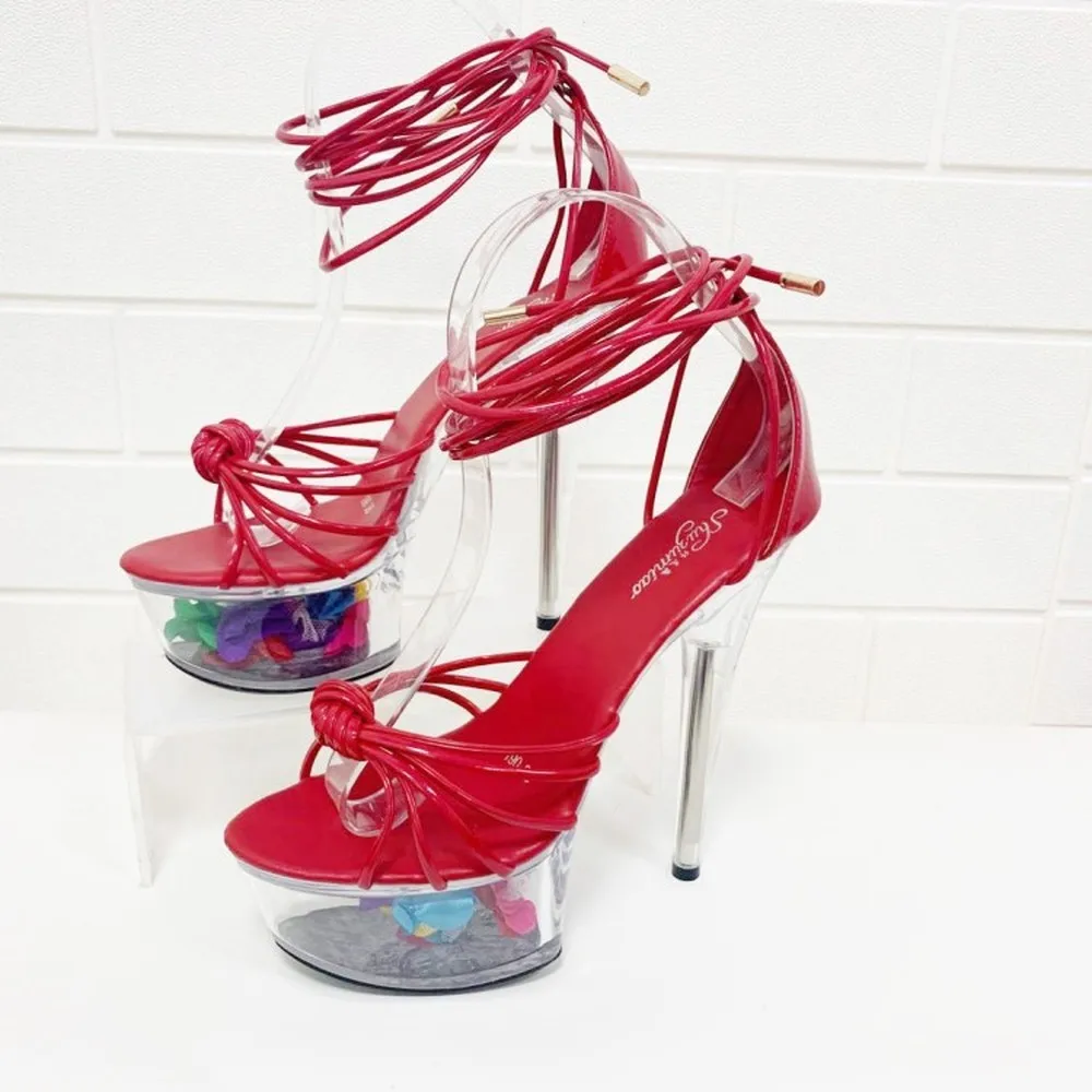 

Hot Sale Women Peep Toe Clear Transparent Platform Flowers Stilettos High 5.9" Heel PVC Shoes Sandals Slingbacks Cross Strap Plu