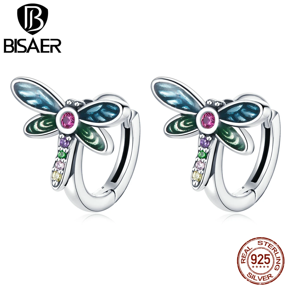 

BISAER 925 Sterling Silver Clear CZ Dragonfly Earring For Women Summer New Stud Earrings Green Fashion Silver Jewelry HSE1172