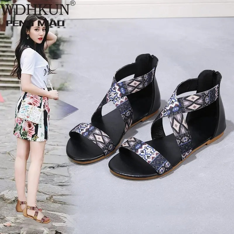 

WDHKUN Women's Sandals Vintage Cross-tied Falt Sandals Roman Style Lightweight Zipper Sandals for Ladies 2021 New