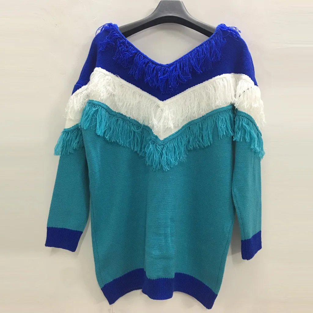 Sweater Dress Cable Knit Patchwork Fashion Women Deep V-Neck Tassels Color Block Loose Long Shirt Swearter Dresses | Женская одежда
