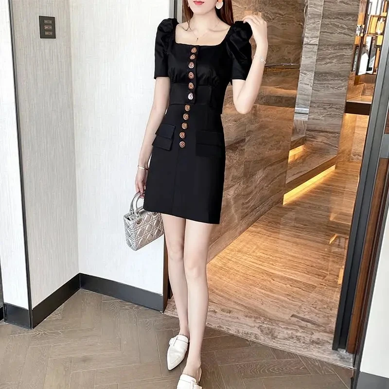 

Women 2021 Summer Casual Slim Two Piece Set Female Square Collar Button Top and Mini Pencil Skirts Outfits Fashion Suit A850