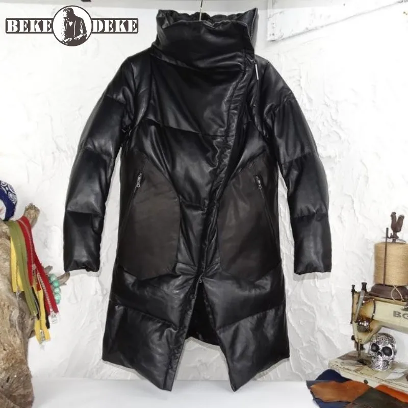 

Winter Parka 100% Genuine Leather Down Coat Mens Warm Down Jackets Street Turtleneck Long Windbreakers Men cold jacket Outerwear