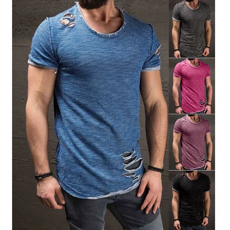 

2021 Solid Ripped sweatshirt Short Sleeve Hole T-Shirt Men Summer Casual Tops Pullovers Fashion Slim Basic Tops Tees Fitness