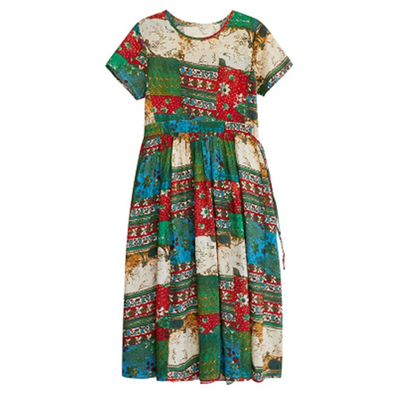 

Ethnic Style Loose Printed Cotton And Linen Round Neck Short-Sleeved Dress Women's Lace-Up Waist Mid-Length 2020 Summer New 129