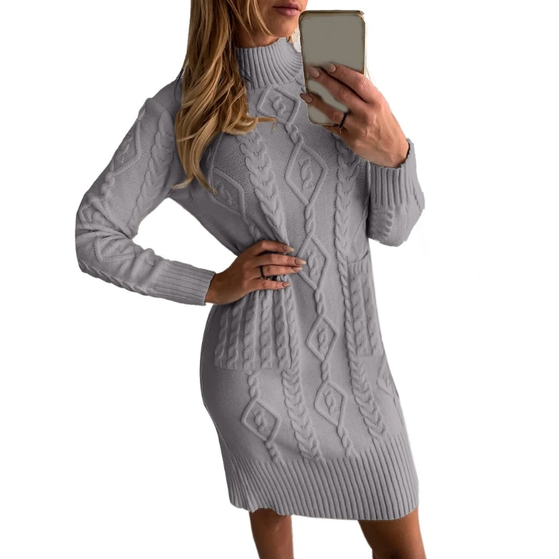 

null Women Winter Long Sleeve Turtleneck Midi Sweat Dress Solid Color Rhombus Cable Knitted Knee Length Slim Fit Casual Elegant
