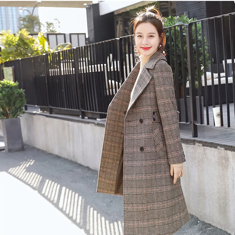 2019 весна осень Женское шерстяное клетчатое Пальто Новое Модное Длинное